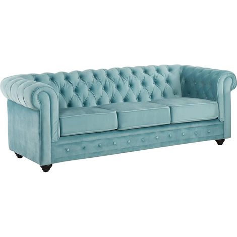Canapé 3 places CHESTERFIELD - Velours bleu pastel (1/5)