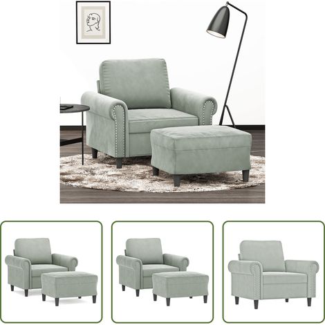 vidaXL Sillón con taburete terciopelo gris claro 60 cm (1/5)