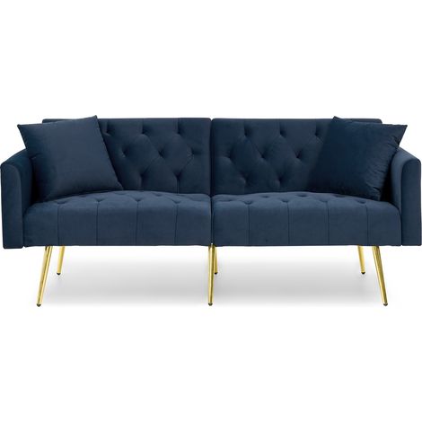 Canapé 2 places en velours bleu, dossier inclinable 3 positions, 2 coussins inclus, pieds métal doré, style moderne pour petit salon ou studio CHICFURN (1/5)