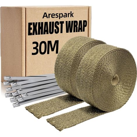 Bande Thermique Echappement, 2 Rouleaux 15m (Total 30m) Doré Ruban Isolant Thermique Fait de Fibres de Basalte avec 24 Collier Serrage Inox, pour Collecteurs d'Echappement Moto et Voiture (1/5)