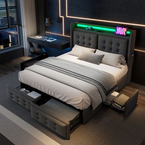 Polsterbett, Doppelbett mit Led-Kopfteil und USB C Ladefunktion und 4 Schubladen, Stauraumbetten mit Lattenrost aus Holz und Metallrahmen, Belastbarkeit 300 kg,Baumwolle(Ohne Matratze)