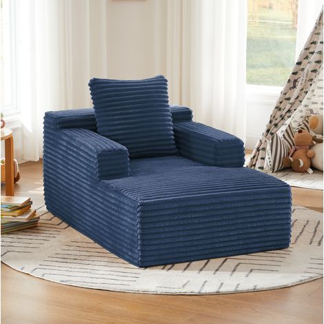 Sofá chaise longue de corduroy, acolchado con espuma de alta densidad y muelles ensacados, azul (1/5)