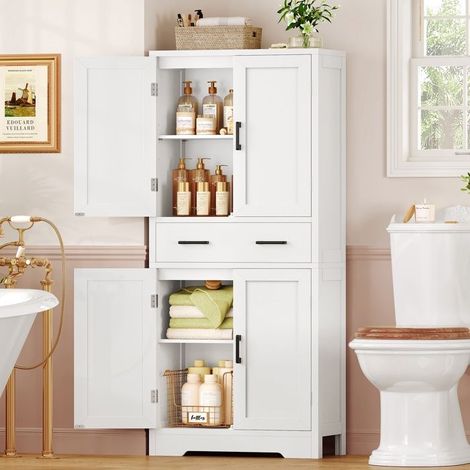 Badezimmer-Schrank - 60x30x148 cm - 4 Türen - 1 zentrale Schublade - verstellbare Regale (1/5)