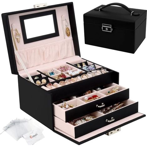 Boîte à Bijoux, Coffret à Bijoux avec Miroir et 2 Tiroirs, Rangement Bijoux Coffret Bijoux Verrouillable de Voyage à 3 Couches, Organisateur de Bijoux pour Colliers, Bagues, Noir (1/5)