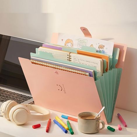 Classeur et trieur à documents format A4 en Polypropylène PP avec 5 compartiments imperméable, souple, et légère, fournitures de bureau et de scolaires en rose (1/5)
