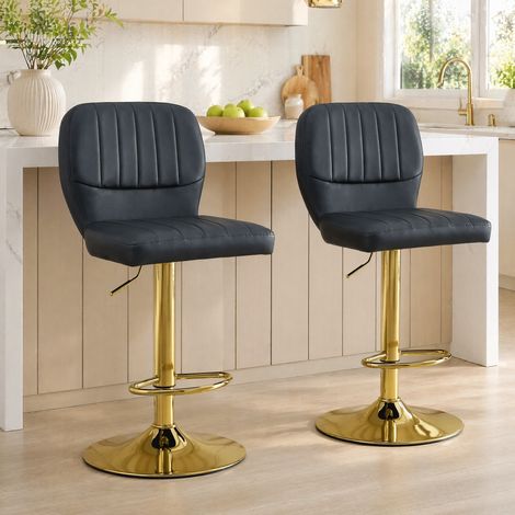 Tabouret de bar réglable 62-83 cm, pivotant 360°, avec dossier et repose-pied, noir et doré OKMYHOME (1/5)
