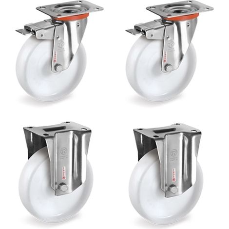 Lot de 4 roulettes INOX pivotantes à frein et fixes plastique blanc 80 mm - 450 Kg (1/3)