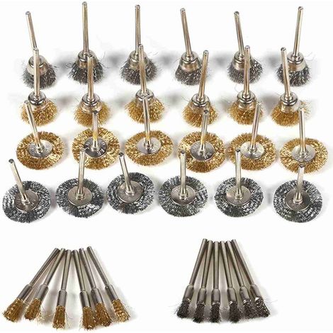 Ensemble de 36 Brosses Métalliques Polissage pour Outils Rotatifs en Acier Inoxydable et Laiton, Formes Roue, Coupe et Stylo. (1/5)