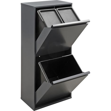 ARREGUI Basic Cubo de Basura y Reciclaje de 3 Compartimentos, 11+11+23 L (45 L), con Cubetas para Envases y Orgánico, Cubos de Basura de Cocina, Contenedores de Reciclaje, antracita CR404-B
