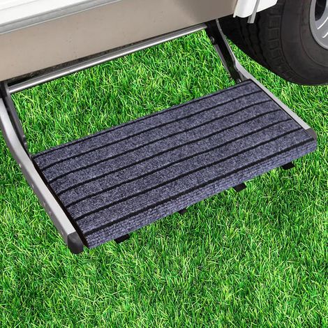 Verstellbare schwarze Matte für Wohnmobilstufen, rutschfeste Fußmatte für Stufen mit einer Tiefe von 18 bis 25 cm, Schnallenverschluss (1/5)