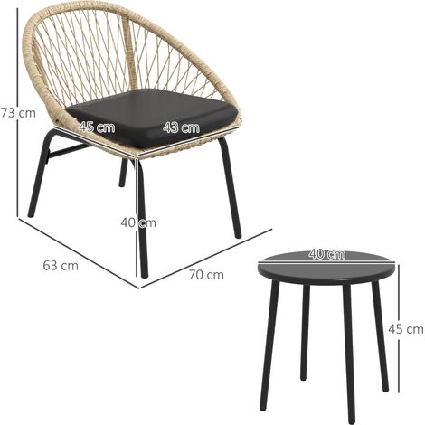 Salon de jardin rotin 3 pièces pour balcon : table basse + 2 chaises, avec coussins, résistant, polyester, jaune