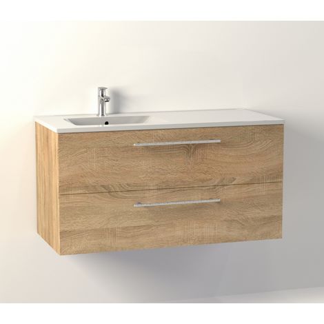Sanitaire – Meuble double vasque suspendu bois clair 100 cm – 2 tiroirs avec ralentisseurs – Vasque décentrée à gauche – Plan en céramique blanc