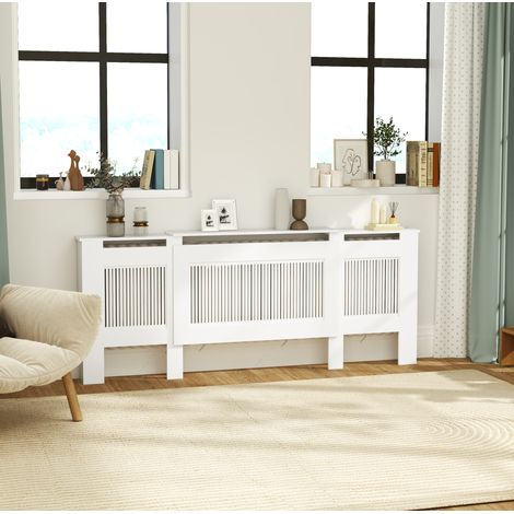 Cache-radiateur extensible 125-201x19x81.5 cm blanc en panneaux de particules avec étagère (1/5)