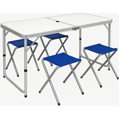 Set tavolo campeggio in alluminio con 4 sgabelli blu - Mis. Tavolino 120x60x71 cm - Tavolo pieghevole a valigetta con maniglia e foro per ombrellone (1/5)
