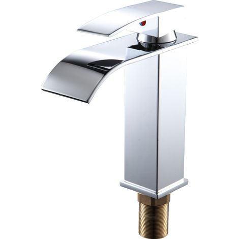 Robinet de salle de bain moderne de style cascade, mitigeur de lavabo au design élégant, mitigeur de style cascade, eau chaude et froide sélectionnable, finition chromée, sans bonde à ressort. (1/4)