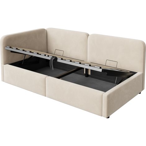 GagaLit rembourré 90x200 avec rangement hydraulique, tête de lit haute, beige (1/5)