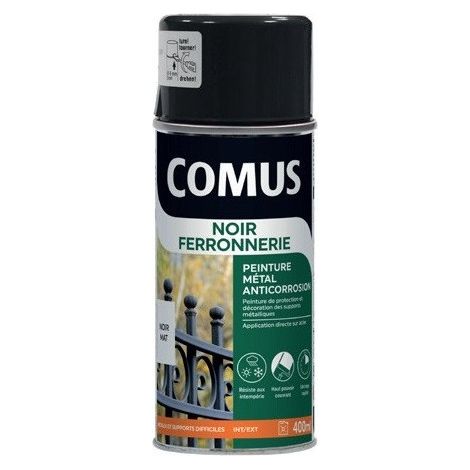 Comus – Aérosol peinture noir 400ml – Finition anticorrosion mat – Buse à jet plat orientable – Résiste aux intempéries et sèche rapidement (1/2)