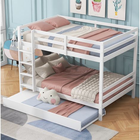 Etagenbett 140x200 cm Weiß aus Kiefernholz und MDF mit Ausziehbett und Treppe (1/5)