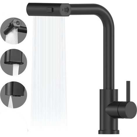 Robinet de cuisine cascade noir , mitigeur de cuisine avec douchette extractible , 3 modes de réglage , robinet d'évier de cuisine pivotant à 360° , acier inoxydable , finition noir mat (1/5)