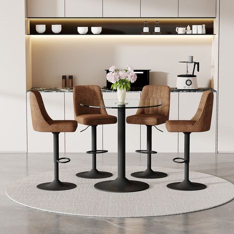 Ensemble bar table verre 89 cm + 4 tabourets pivotants tissu marron. Cadre métal noir repose-pieds ergonomique pour bar à domicile.