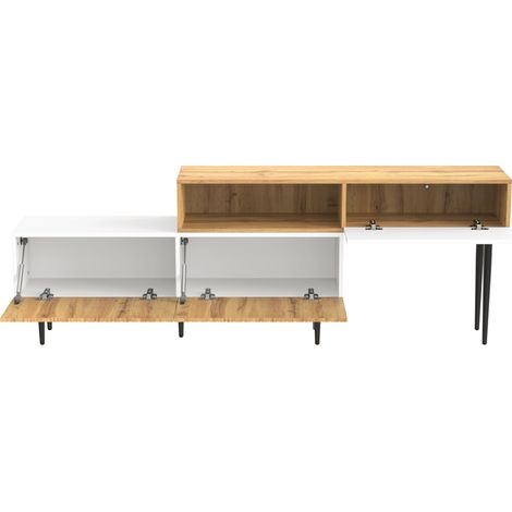Meuble TV modulaire en bois et blanc mat avec pieds métalliques noirs, longueur réglable (1/5)