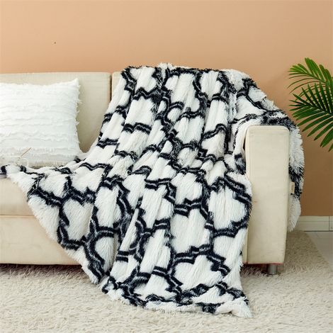 Couverture 160x200 cm, Plaid Polaire Super Douce et Duveteux, Fausse Fourrure Haute Qualité, Chaude et Confortable, Canape, Couvre-Lits, plaid noir et blanc
