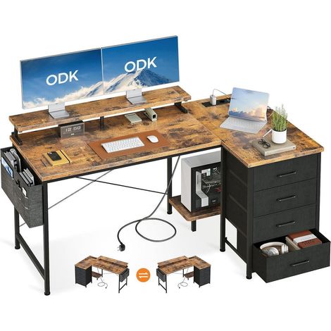 ODK L Form Schreibtisch 140x80x84.7cm Eckschreibtisch 4 Schubladen&Braun (1/5)