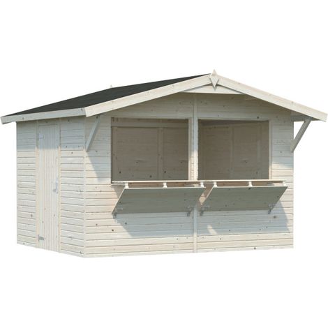 Chiosco in legno da giardino 323x259 cm abete 16 mm con 2 sportelli vendita a ribalta, struttura prefabbricata per mercatini - Esterni da Vivere