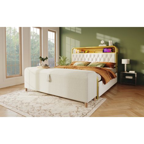 Panca contenitore 175x38x46 cm, con vano idraulico, seduta per 2 persone, corduroy beige (1/5)