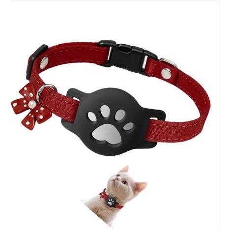 Collier réfléchissant ajustable pour chat avec support en silicone compatible avec Apple AirTag - Bracelet de traqueur pour animaux de compagnie en polyester imperméable rouge (1/4)