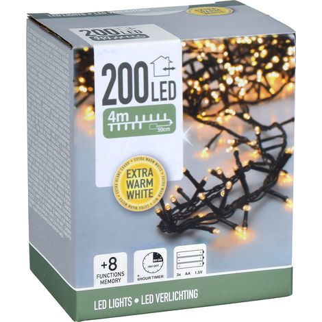 LED Lichterkette EXTRA warm weiß mit 8 Leuchtfunktionen - 200 LED auf 4m - Weihnachts Beleuchtung mit Speicherchip - Garten Advent Winter Deko Licht für Innen und Außen