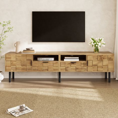 Meuble TV 160 cm avec 2 Portes, 2 Tiroirs, 2 Niches Ouvertes, Pieds en Métal et Passages de Câbles, Meuble Tele Banc Télé Table Bas Salon, Meuble TV Bas Industriel - Chêne (1/5)