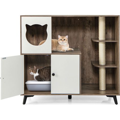 Costway – Meuble litière chat 5 en 1 avec condo – 3 poteaux à griffer sisal – Maison pour 1-5 chatons – 5 pieds métal – Charge 30 kg – Gris (1/5)
