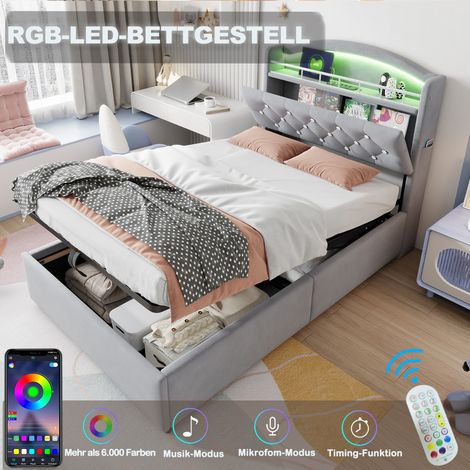 Lit Polsterbett 90x200 cm gris velours, lit simple multifonction avec rangement intégré, éclairage LED et port USB (1/5)