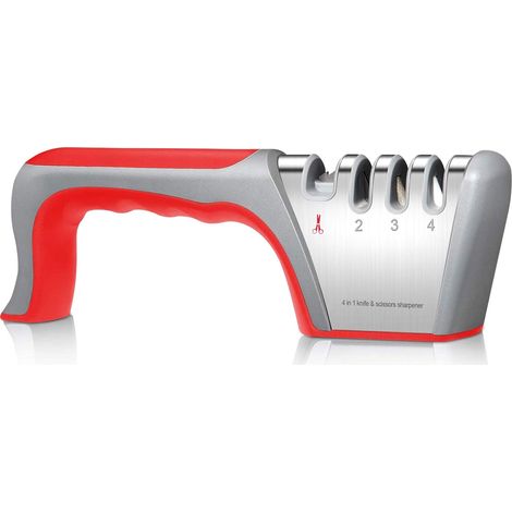 MINKUROW Affilacoltelli Professionale, Affilacoltelli Da Cucina 4 In 1 Con Gomma Antiscivolo Affilacoltelli Per Coltelli Da Cucina, Forbici Di Tutte Le Dimensioni(Rosso) (1/5)