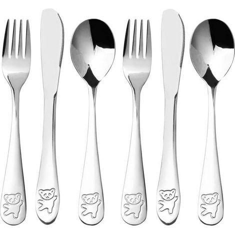 Set di posate per bambini (argento) - Argento - 6 pezzi: 2 cucchiai, 2 forchette, 2 coltelli (1/4)