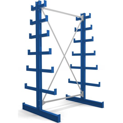 Rayonnage à bras en porte-à-faux STIER, double, 1 travée avec 6 niveaux décroissants 1300x2000x500 mm, bleu gentiane (1/4)