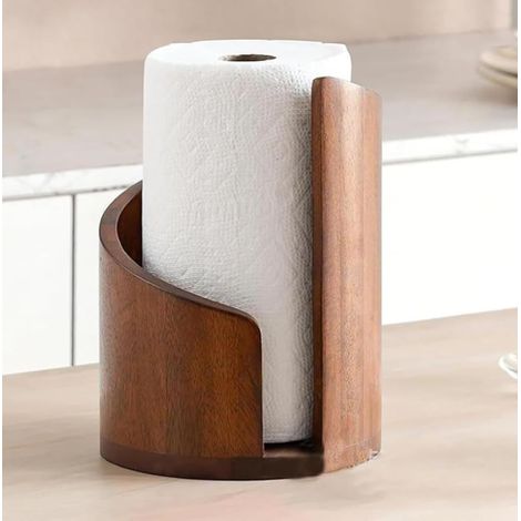 Porte-rouleau de papier essuie-tout en bois - Porte-rouleau sur pied - Étagère de cuisine à base ronde - Organiseur de bureau - Porte-rouleau de papier - 30 × 15 × 15 cm - Bois (1/5)