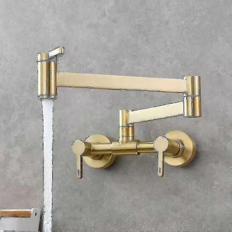 Robinet de lavabo mural pliable avec bras articulé et double poignée en laiton plaqué or (1/4)