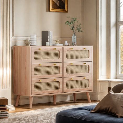 Commode 100 x 34 x 73 avec 6 tiroirs en rotin tressé–Buffet–Salon/cuisine/salle à manger–Bois massif et MDF–Poignées dorées–Moderne/scandinave