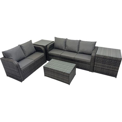 Fimous Outdoor Love Sofa 3 Seater Sofa Coffee Table Set Garden Rattan Furniture Set 5 Seater with 2 Side Tables Dark Grey (1/5)
