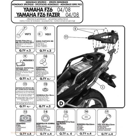 Kappa Topcase-Gestell für Yamaha FZ6 / FZS 600 Fazer (04-06), FZ6 S2 / FZ6 600 Fazer S2 (07-11) (OHNE Kennzeichenhalterung) - siehe zusätzliche Beschreibung