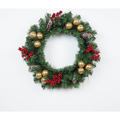Corona navideña artificial decorada con una campana colgante y un árbol de tres hojas 4646, para colgar en la pared. (1/4)