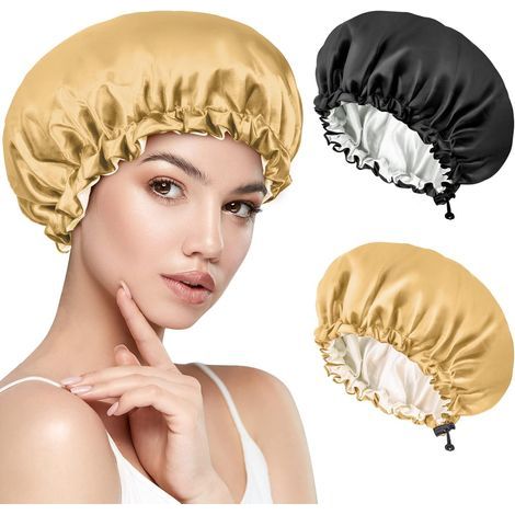 2-Piece Set - Satin Bonnet - Nightcap - Adjustable with Drawstring - Double Layer for Long and Curly Hair - Frizz Protection - Black and Pink - One Size (1/5)