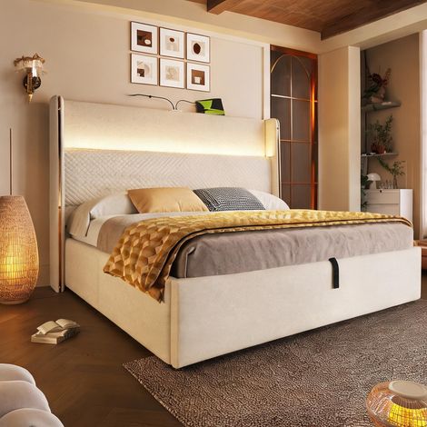 Cadre de lit beige en lin 221 x 173 x 121 cm (1/5)