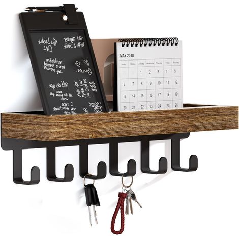 Porte-clés avec plateau en bois et 6 crochets, porte-clés/clavier multifonctionnel, porte-clés avec étagère pour couloir, chambre et cuisine, couverts de cuisine suspendus (1/5)