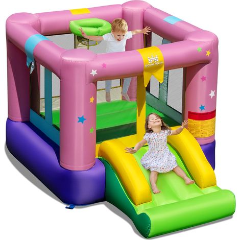 COSTWAY Castello Gonfiabile per Bambini, Castello con Trampolino, Scivolo e Canestro da Basket, Casa Gonfiabile Senza Ventilatore per Feste di Compleanno e Matrimonio, 240 x 174 x 143 cm (1/5)