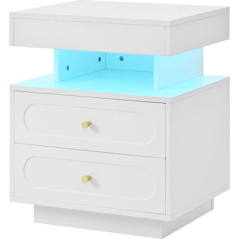 Table de chevet avec éclairage LED, commode de nuit avec 2 tiroirs, 1 espace de rangement ouvert, blanc, B50/T40/H60 cm (1/5)