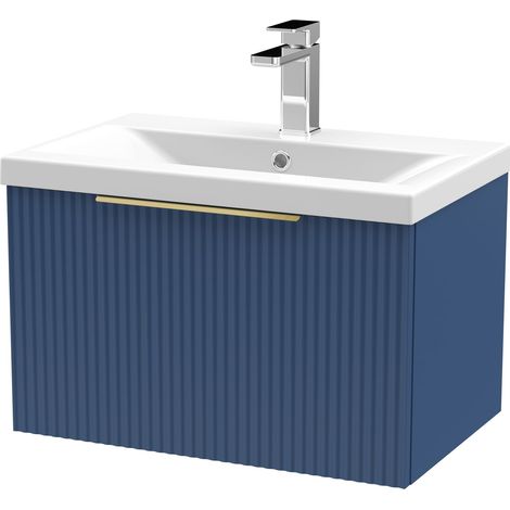 Fluted Front Wall Hung 1-Drawer Bathroom Vanity Unit with 1 Tap Hole Basin, 600mm, Satin Blue, Brushed Brass Handles (1/5)