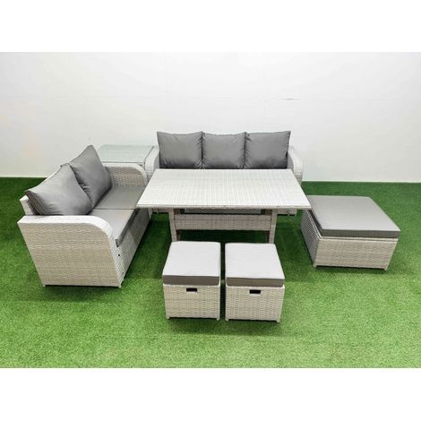 Fimous 8 Seater PE Rattan Wicker Garden Furniture Patio Conservatory Sofa Set with Rectangular Dining Table 3 Seater Sofa Love Sofa 3 Stool Side Table (1/4)
